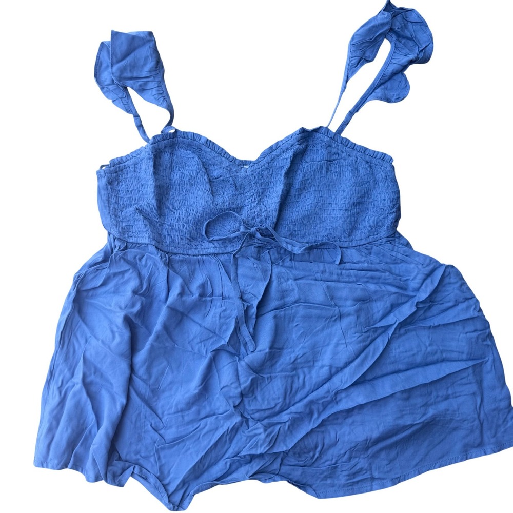 Heyson Blue Smocked Tie Front Ruffle Strap Peplum Cami Top Large